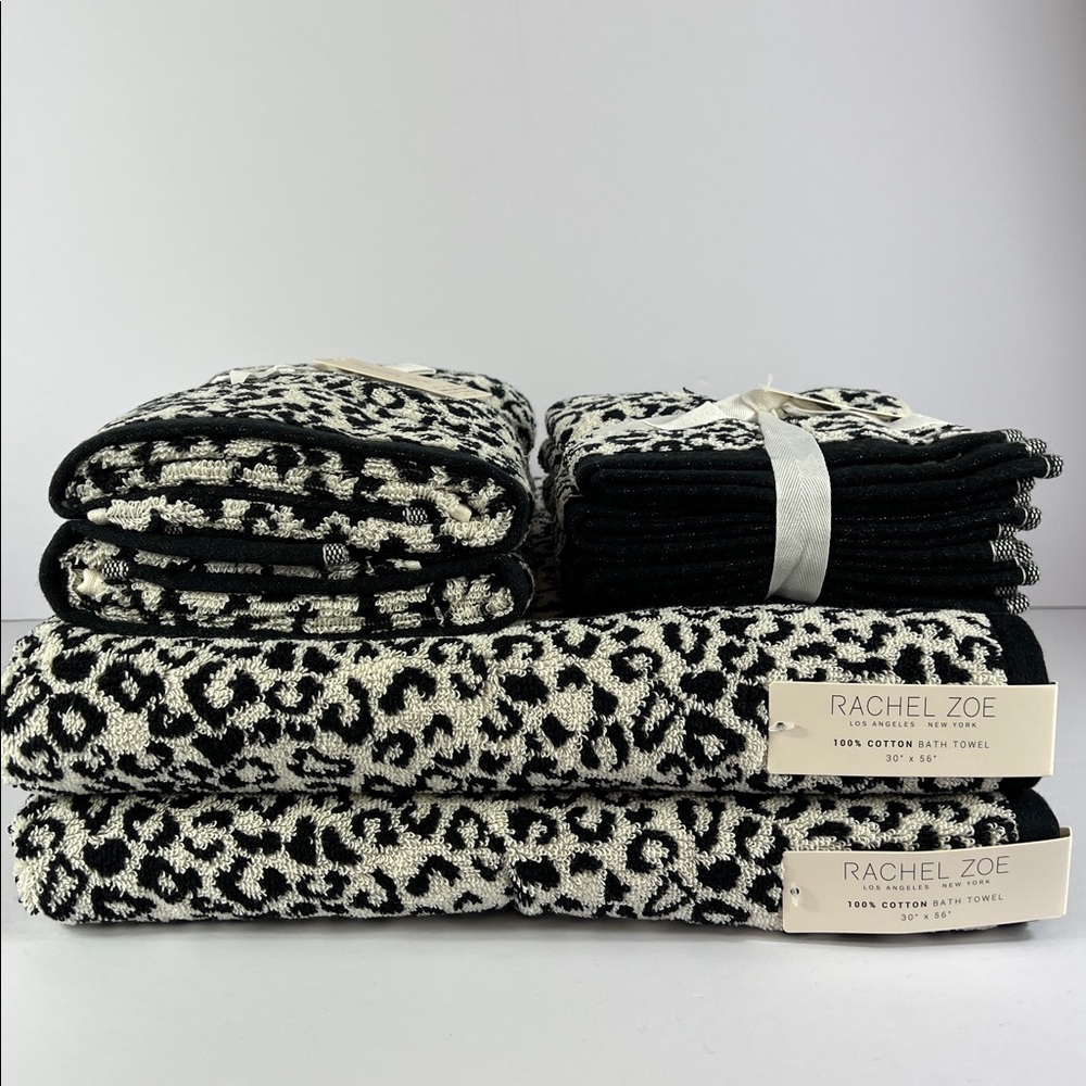 Rachel Zoe Bath Towel Set Leopard Cheetah Animal Print Black Off White 8 Pc NEW
